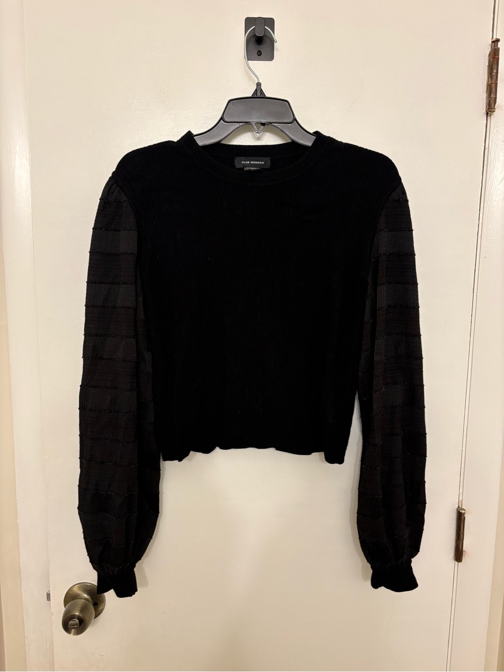 Club Monaco Woven Balloon Sleeve Crewneck Top Black Sheer Textured Knit Size L